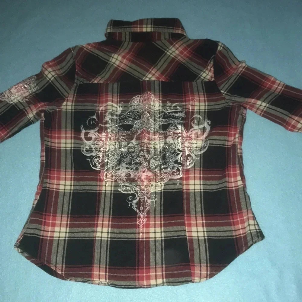 CELLO flannel button up long sleeves rhinestone details chest pocket size M